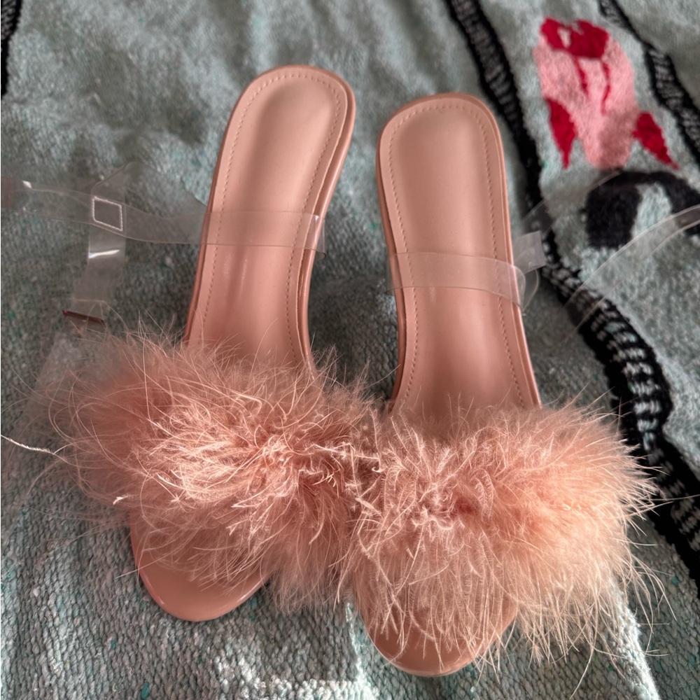 SHEIN Pink Fluffy Mules with Feathered Strap